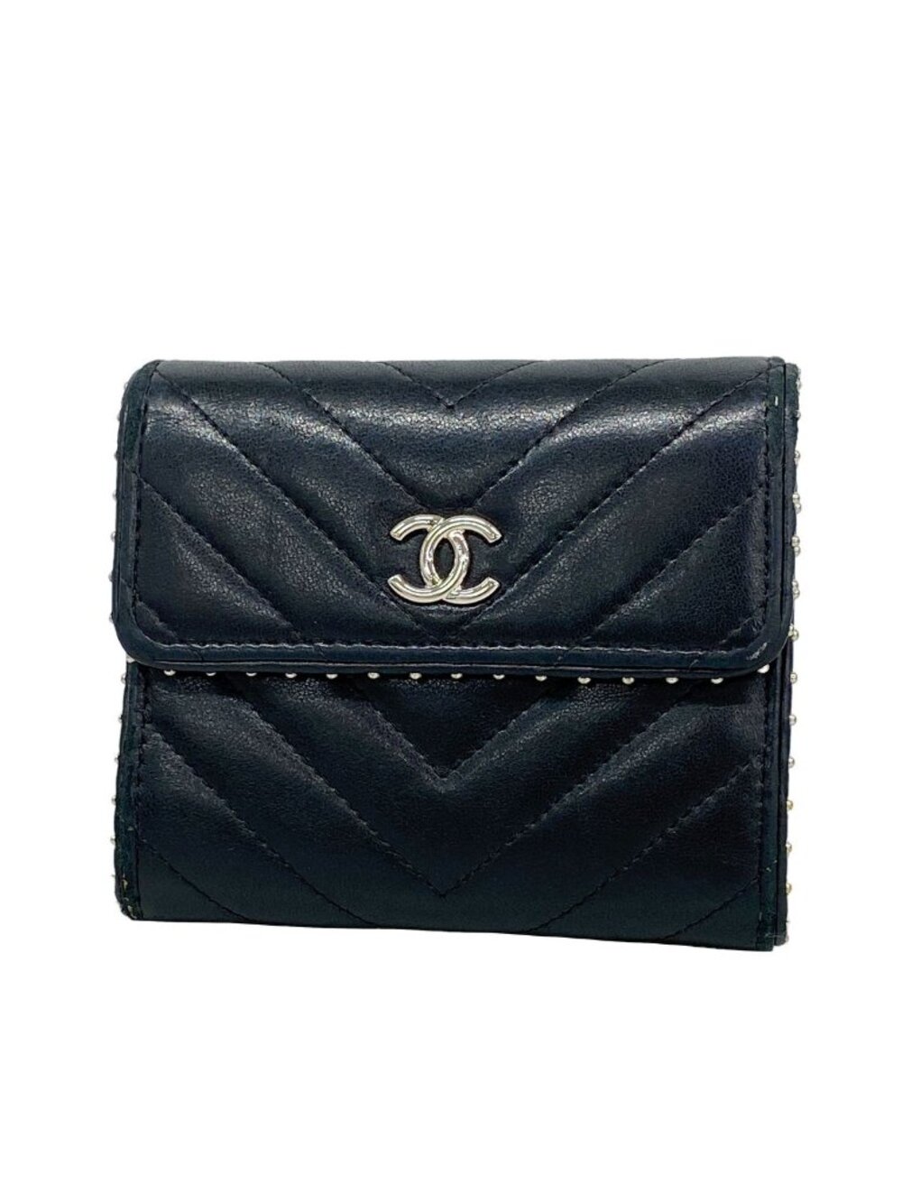 Chanel Trifold Wallet V-stitch Lambskin Black Silver